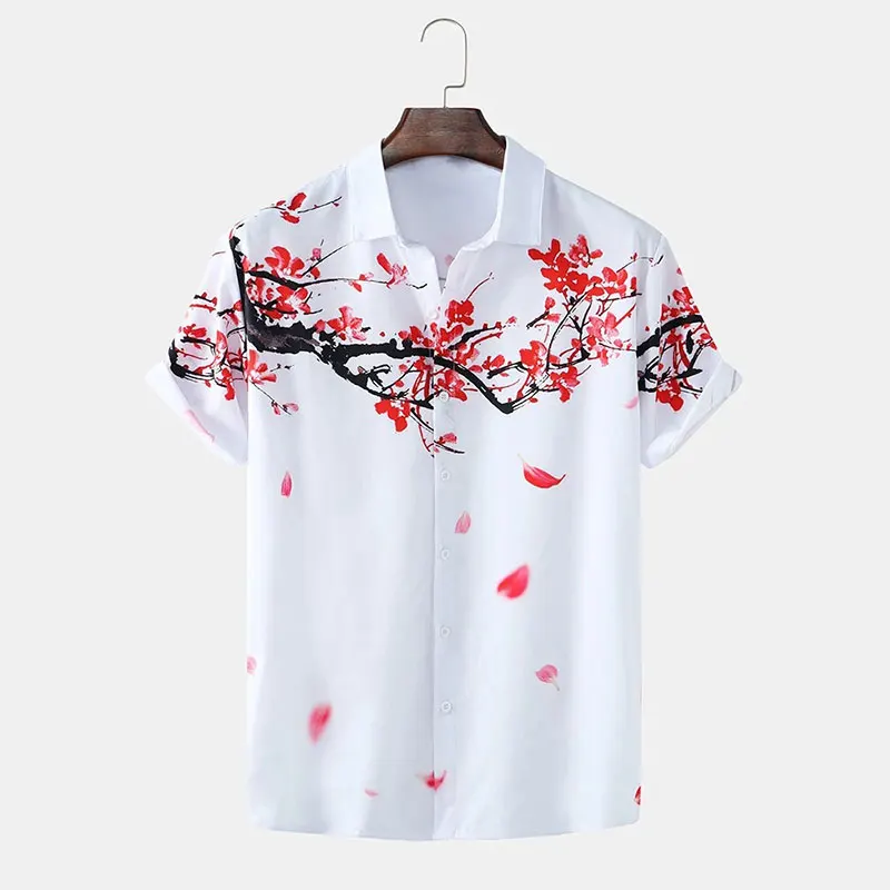 Men's Lapel Ink Painting Plum Blossom Print Button Short Sleeve Shirt