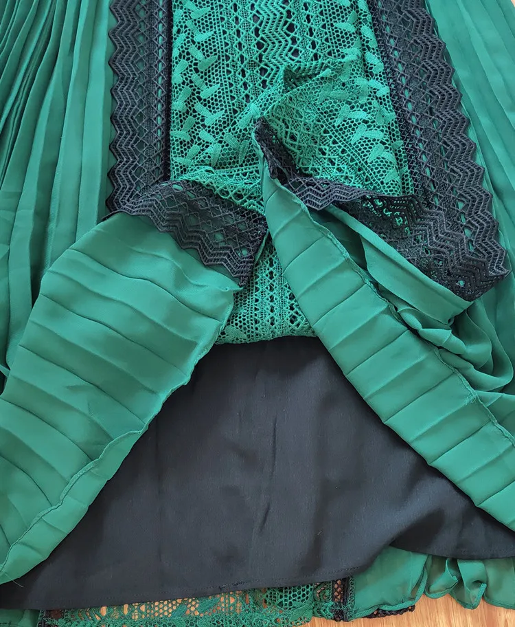 Высококачественное женское платье для подиума элегантное кружевное шифоновое Плиссированное зеленое платье миди с длинным рукавом Вечерние платья на день рождения