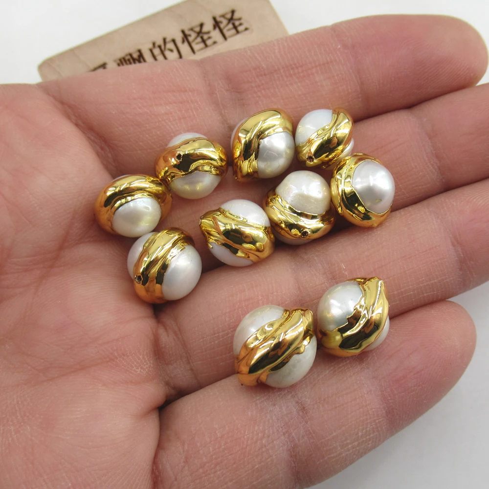 APDGG Wholesale 10 pcs Gold Plated Natural White Pearl Beads Gemstone Charm Boho Jewelry DIY Making