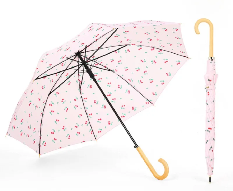 Вишневый Зонт с деревянной ручкой для женщин, солнцезащитный зонтик с защитой от ультрафиолетового излучения, милый Ветрозащитный Двойной зонт от солнца и дождя с длинной ручкой
