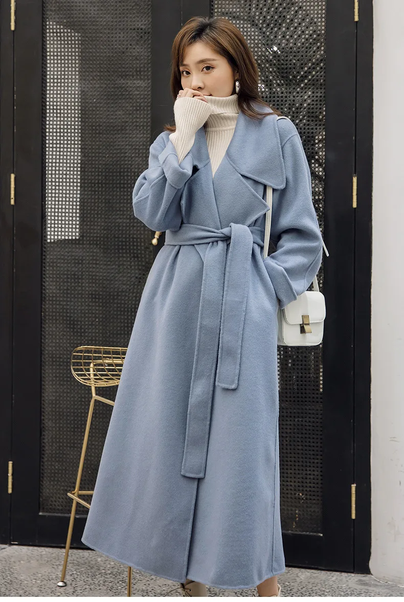 Зимнее теплое пальто из чистой шерсти женское длинное пальто корейское однотонное пальто с поясом синее роскошное подиумное двухстороннее элегантное шерстяное пальто