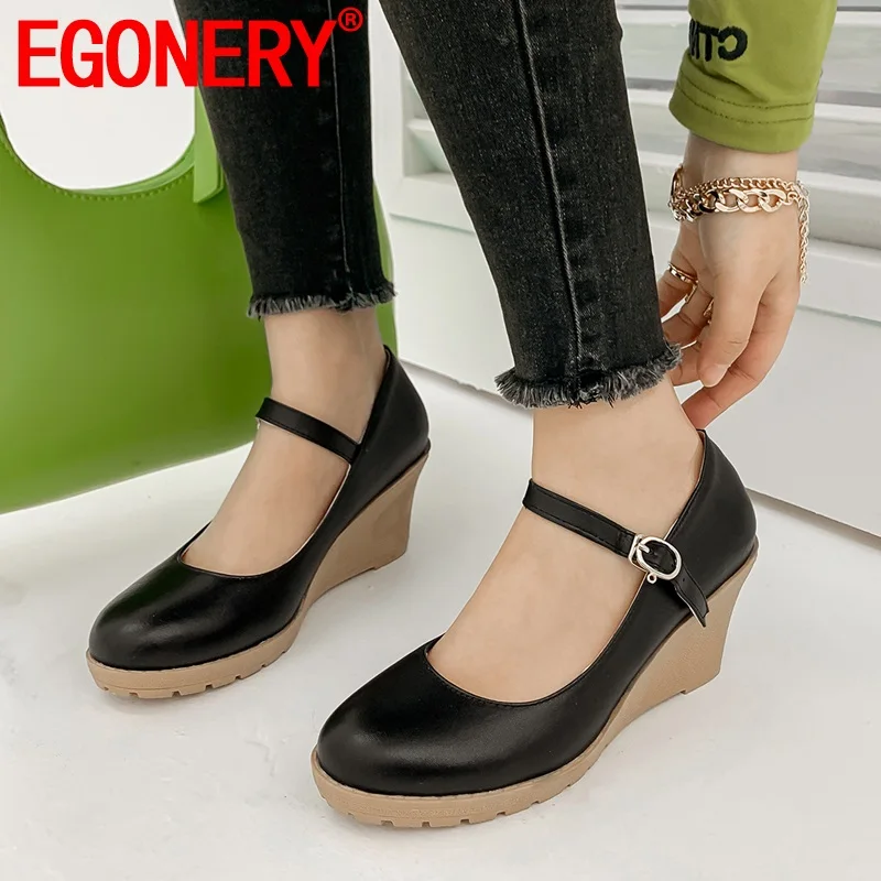 

EGONERY party Mary Jane Shoes Cute european woman round toe buckle wedge heels 2020 spring autumn high heels women's shoes