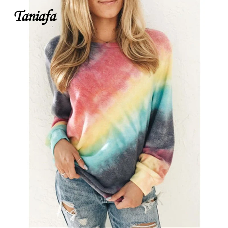 

Taniafa New 2019 Women Fashion O-neck Long Sleeve Pullover T Shirts Autumn Casual Gradient Color Jumper Tops Plus Size