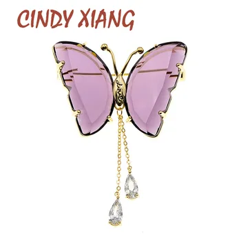 

CINDY XIANG Clear Color Crystal Butterfly Brooches For Women Zircon Water-drop Tassel Pin Brooch Copper Jewelry 3 Colors