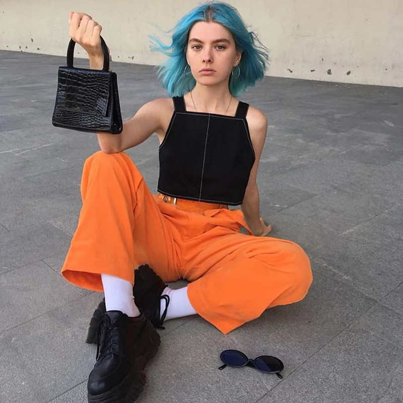 HEYounGIRL Orange Solid High Waist Pants Capris Casual Loose Straight Trousers Ladies Harajuku Streetwear Sweatpants with Strip HEYounGIRL Orange Solid High Waist Pants Capris Casual Loose Straight Trousers Ladies Harajuku Streetwear Sweatpants with Strip