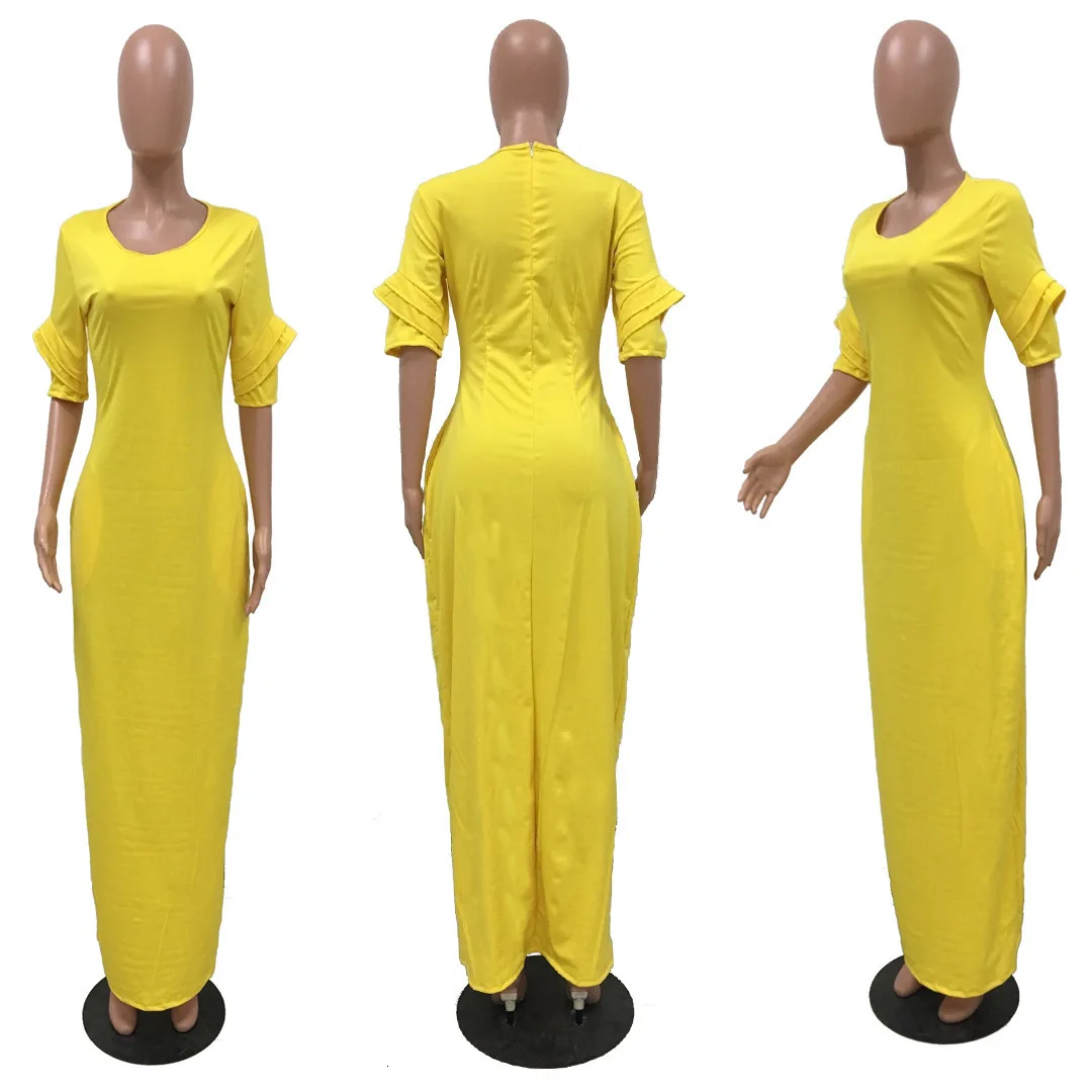 Длинное платье макси для женщин, желтое платье с оборками и коротким рукавом с карманом, женская летняя элегантная винтажная одежда, повседневная Уличная одежда