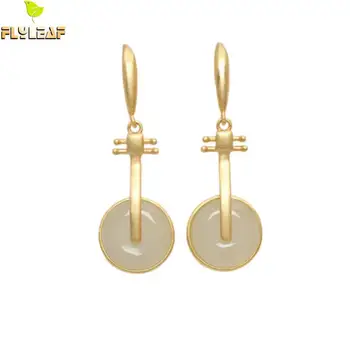 

925 Sterling Silver Natural Jade Gold Pipa Earrings For Women Luxury Handmade Ear Hook Vintage Fine Jewelry Flyleaf