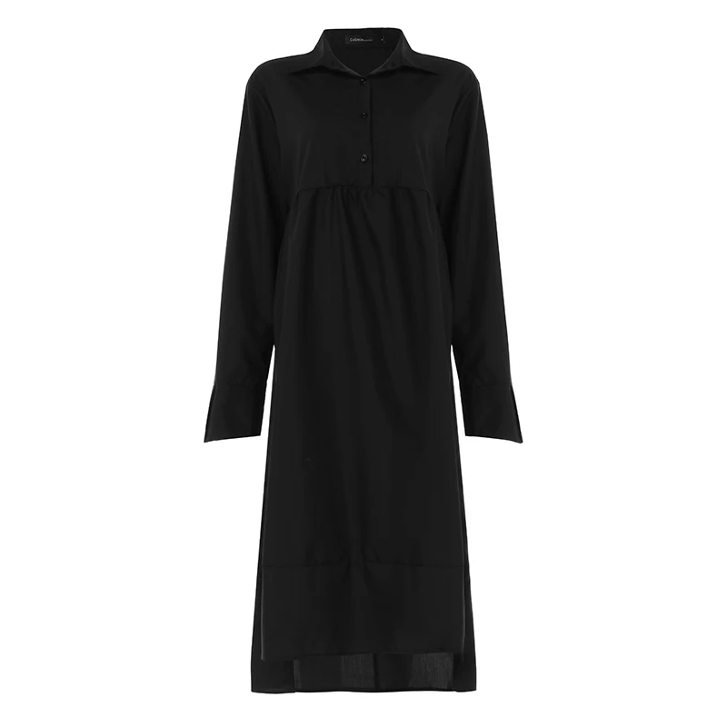 Женское винтажное осеннее платье-рубашка с длинным рукавом и пуговицами, повседневное свободное платье средней длины, модные платья размера плюс - Цвет: Черный