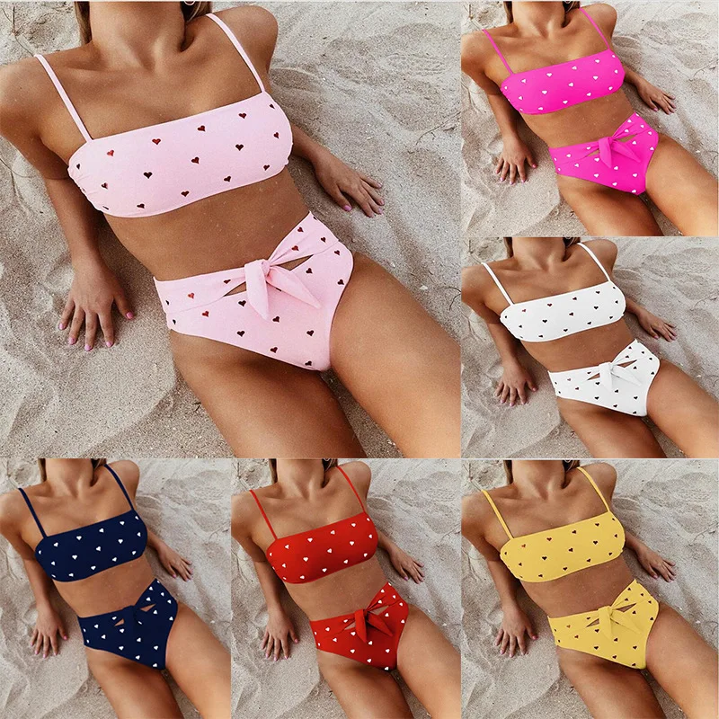 

Heart Printed Bikini Women 2020 New Split Type High Waist Simplicity Pastoral Style Quick Drying Digital Printed Swimsuits Set