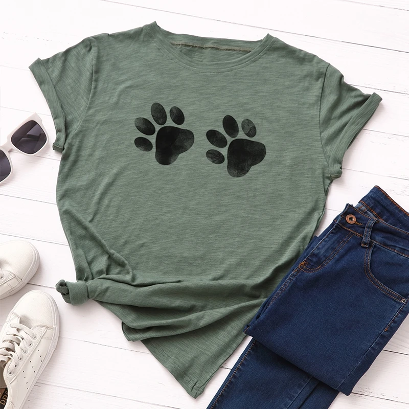 Women Cotton Plus Size T-shirt Graphic Tee Summer Tops Short Sleeve Top Tees Funny Cute Dog Paw Print T Shirts Female Shirt