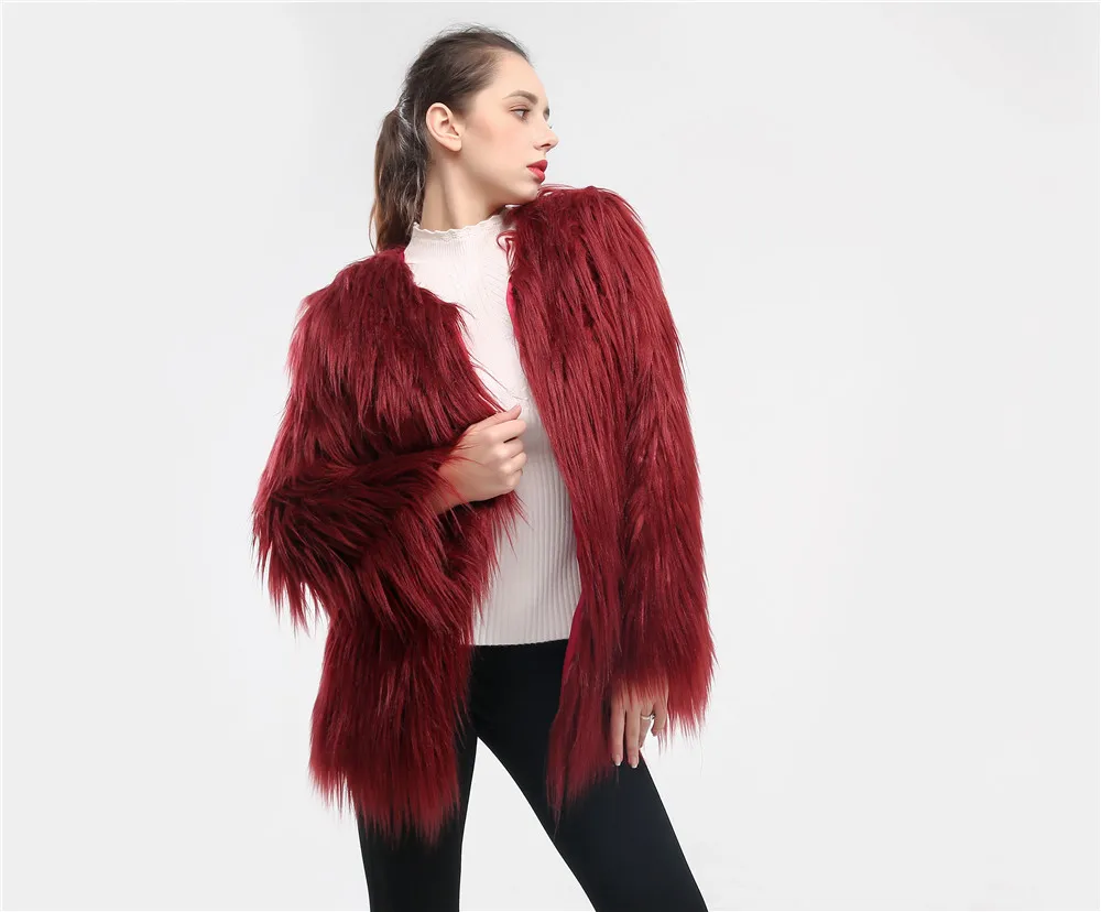 wine red Женское пальто из искусственного меха, длинное пальто из овечьей шерсти, зимняя теплая верхняя одежда с длинным рукавом, пальто для женщин, большие размеры, куртка из искусственного меха - Цвет: wine red