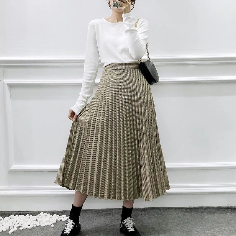 Женская клетчатая плиссированная юбка миди с высокой талией, винтажная элегантная женская юбка на молнии сбоку, Saias, повседневные свободные юбки Falda Mujer, уличная одежда