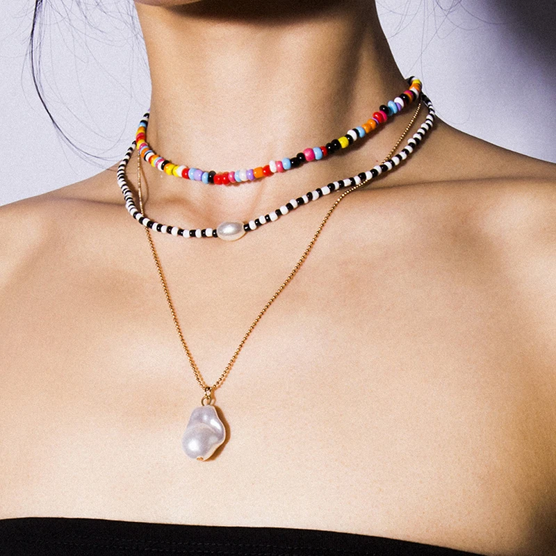 

[ALFOU] brand Punk Multi Layered Pearl Choker Necklace Collar Virgin Mary Coin Crystal Pendant Necklace Women Jewelry