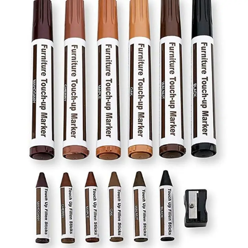 Furniture Repair Markers Set of 13 Markers and Wax Sticks with Sharpener for stains, Scratches, Floors,