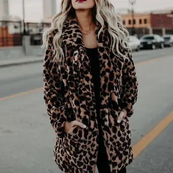 

Luxury Women Long Sleeve Lapel Collar Leopard Print Woolen Thick Warm Midi Coat