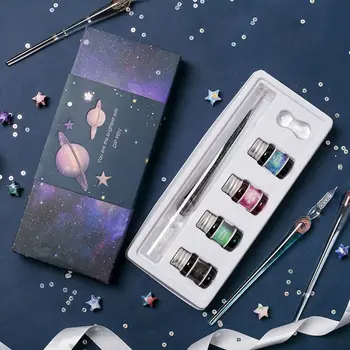 

1Set Planet Theme Dip Pen 4 Color Ink Kit Glass Painting Pen Student Stationery