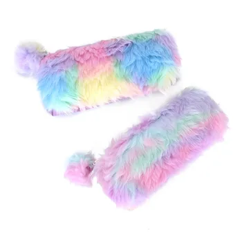 

Rainbow Faux Fur Cosmetic Case For Girls Cartoon Emboridery Makeup Bag Small Leather Clutch Purse Preppy Style Pencil Pouch