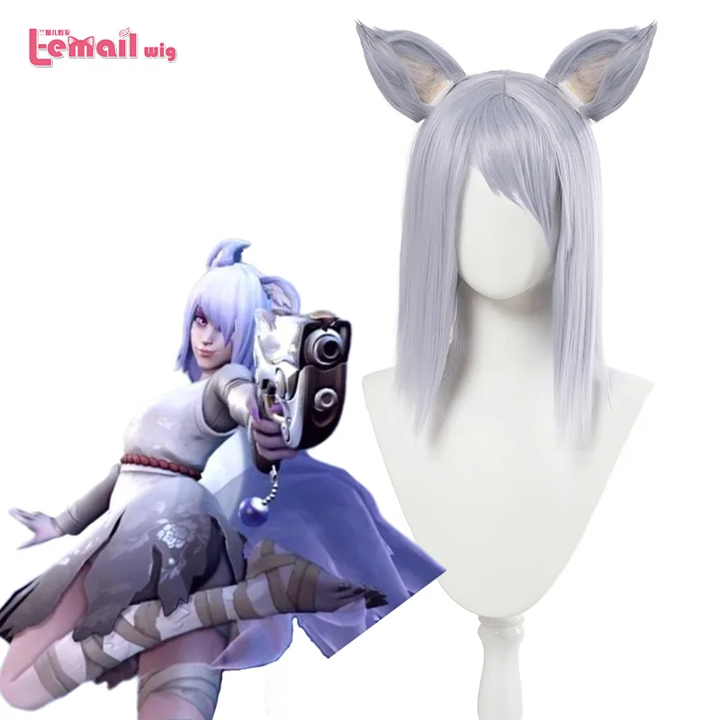 

L-email wig D.Va Cosplay Wigs with Ears Game OW DVA Halloween Cosplay Light Purple Straight Wig Heat Resistant Synthetic Hair