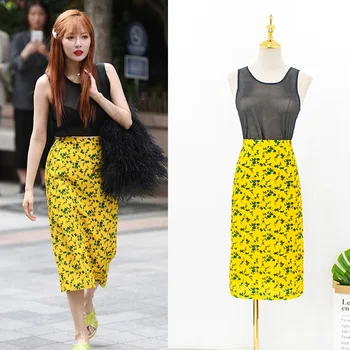 

kpop 4Minute Kim Hyun A same summer black Sleeveless sling vest tops + yellow floral pattern zipper skirt women Two-piece set
