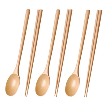 

Wooden Spoons Chopsticks Set Kitchen Tableware Eco Friendly Natural Wood Dinner Utensil Set, 5 Spoons and 5 Chopsticks