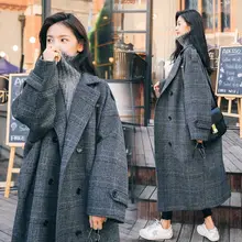 Зимнее корейское Женское пальто винтажное теплое шерстяное клетчатое пальто модное официальное длинное пальто с рукавом летучая мышь с длинным рукавом для женщин