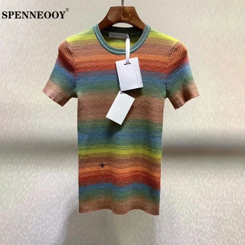 

SPENNEOOY Designer Custom Runway Women Summer Multicolor Knitting Sheath T Shirt Textured Knit Ladies Streetwear Stretchy Tops