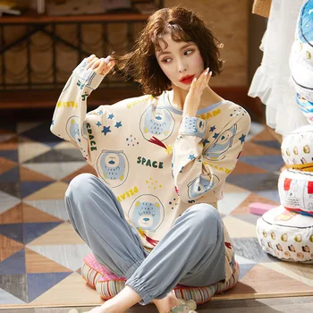 

Cotton Autumn Pajamas Sets Women Long Sleeve Sleepwear Homewear Good Quality Trousers Soft Cute Nightwear Pajama Sets Spring