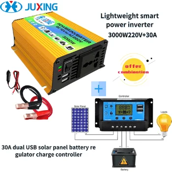 

JUXING 3000W Power Inverter Voltage Transformer DC 12V to AC 110V/220V with Dual USB+ 30A Solar Controller Use for Car, Outdoor