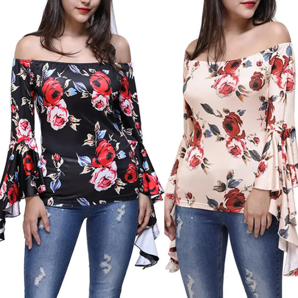 

Sexy Women Long Flared Sleeve Strap Off Shoulder Floral Print Slim Sweater Top Womens Clothesing 2020 New