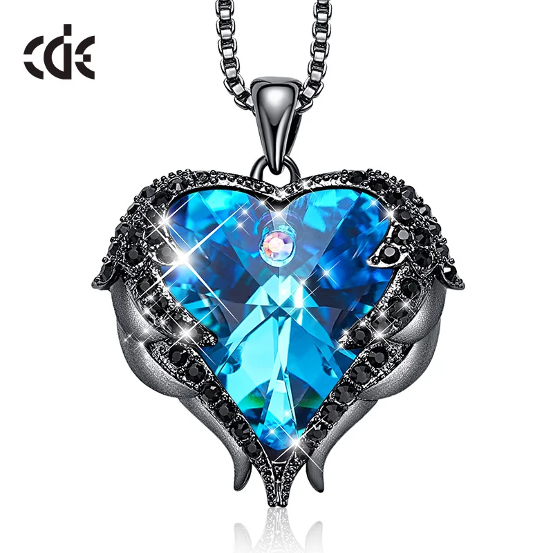 CDE женское серебряное ожерелье украшено кристаллами от Swarovski ожерелье крылья Ангела сердце кулон подарок на день Святого Валентина - Цвет камня: Blue P0902I