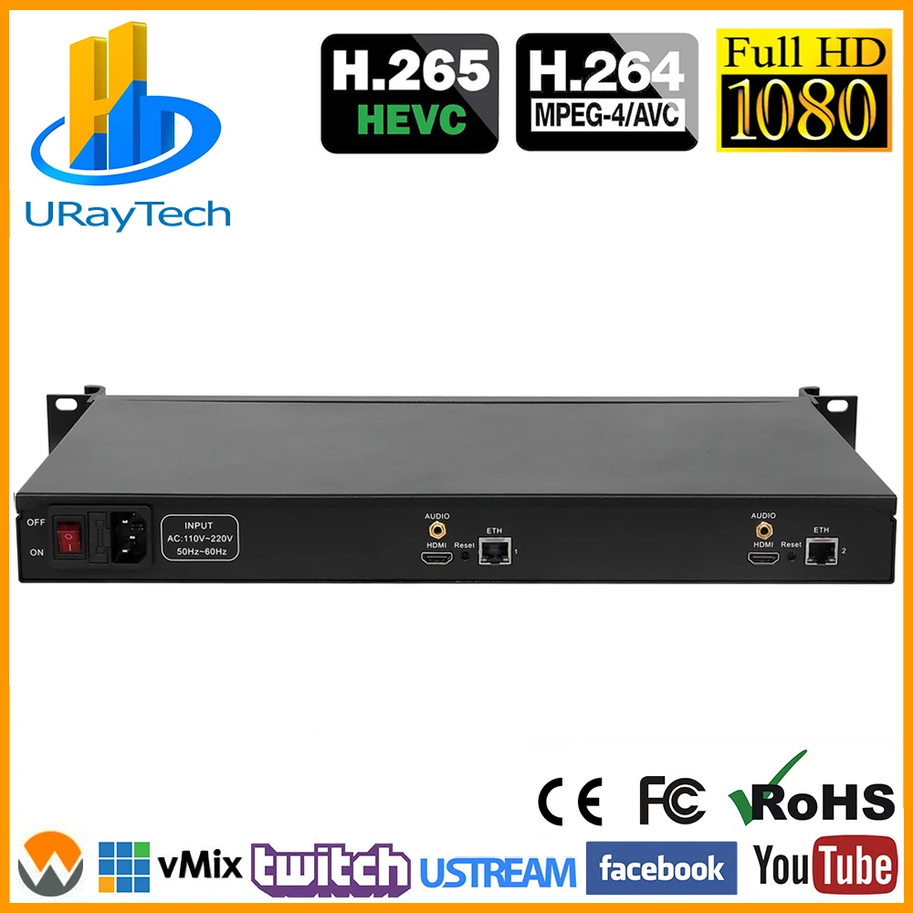 1U Rack HEVC H.265 HDMI к IP HD видео кодировщик IPTV кодировщик 2 канала прямой поток RTMP кодировщик аппаратное обеспечение HDMI к H.264 H.265