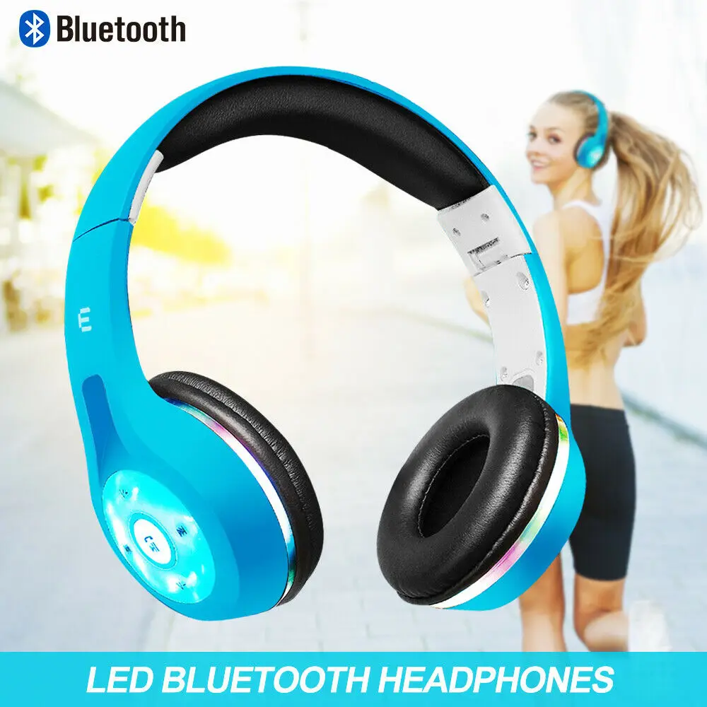 Foldable LED Lights Over the Head Bluetooth Wireless Headphones Headsets Blue