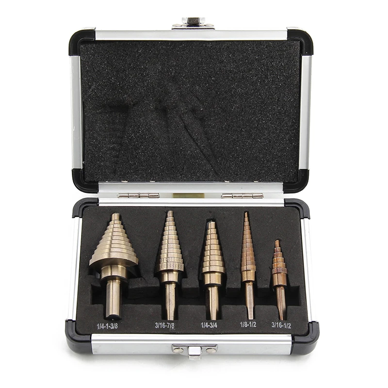 

5 Pcs Large Titanium HSS Step Cone Drill Hole Cutter Bit Set Tool + Case