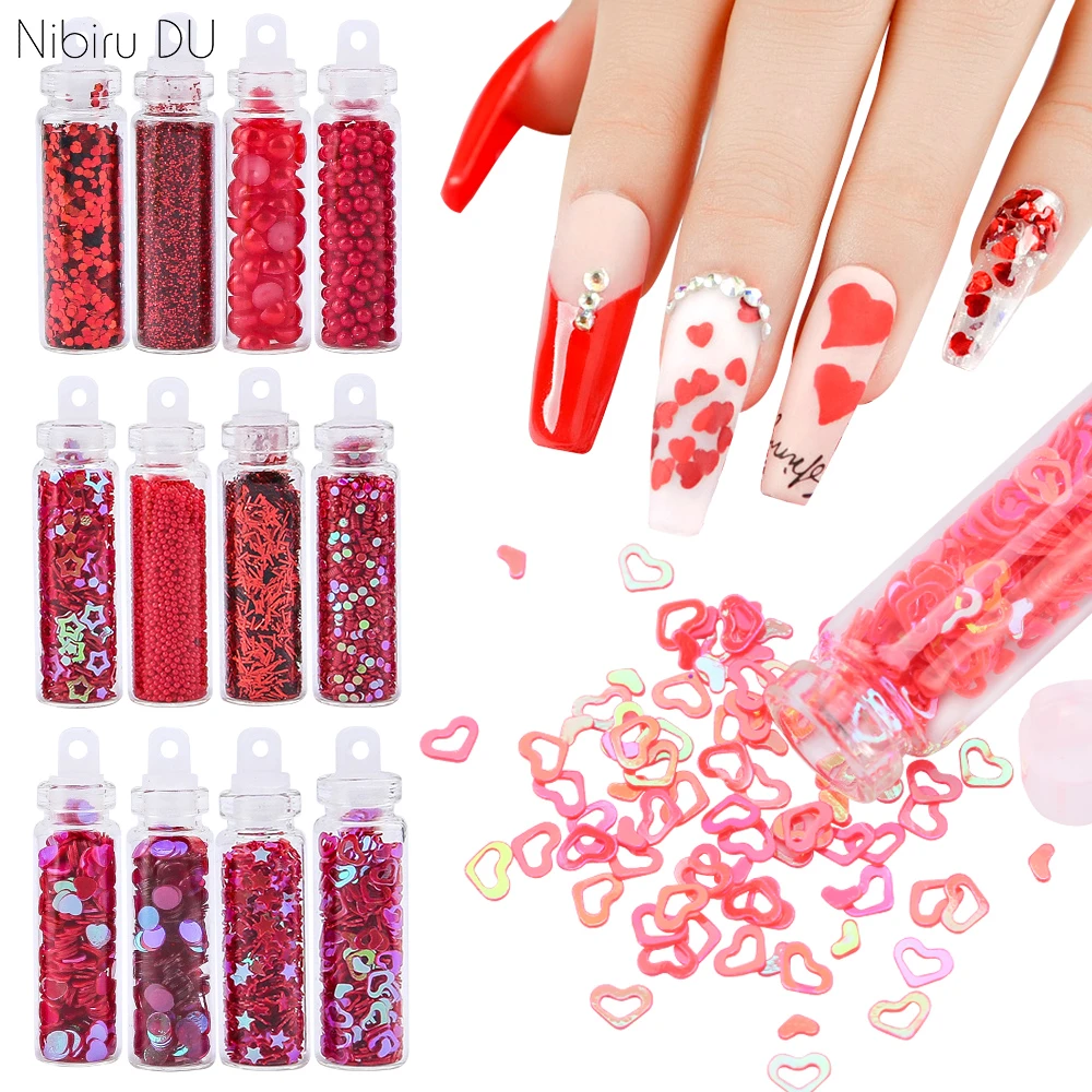 Decoración de uñas de San Valentín, lentejuelas de brillo rojo/rosa, 12  botellas, kits de uñas acrílicas para accesorios de uñas|Brillantina de uñas|  - AliExpress