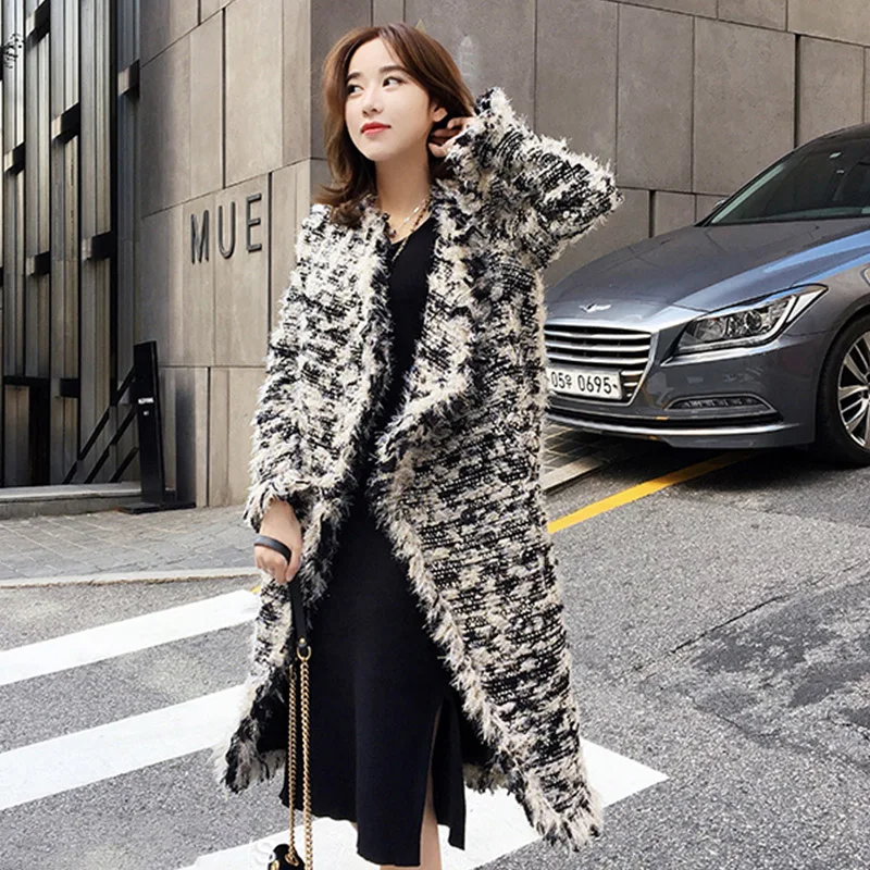 Новое Осеннее зимнее винтажное элегантное шерстяное пальто женское твидовое пальто средней длины размера плюс с бахромой cc981