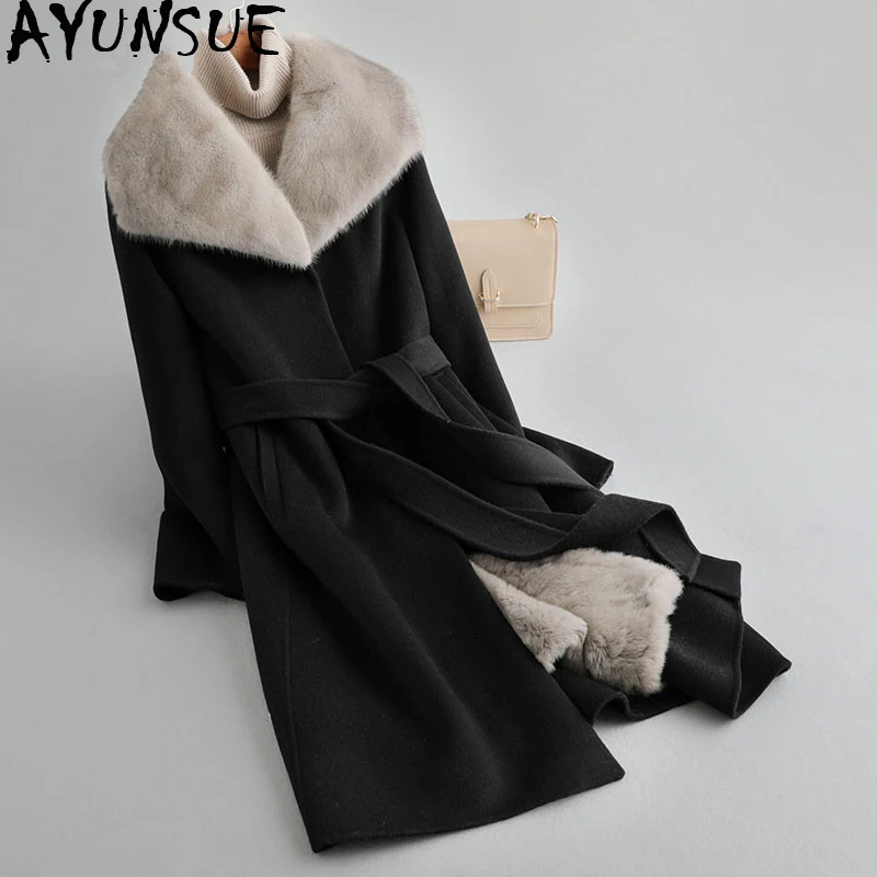 

AYUNSUE 2019 Real Fur Coat Female Rabbit Fur Liner 100% Wool Coat Winter Jacket Women Mink Fur Collar Warm Woolen Coats MY4388