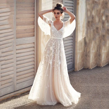 

V-Neck Appliques Lace Boho Batwing Sleeve Sash Backless A-Line Wedding Dress 2020 vestidos de novia