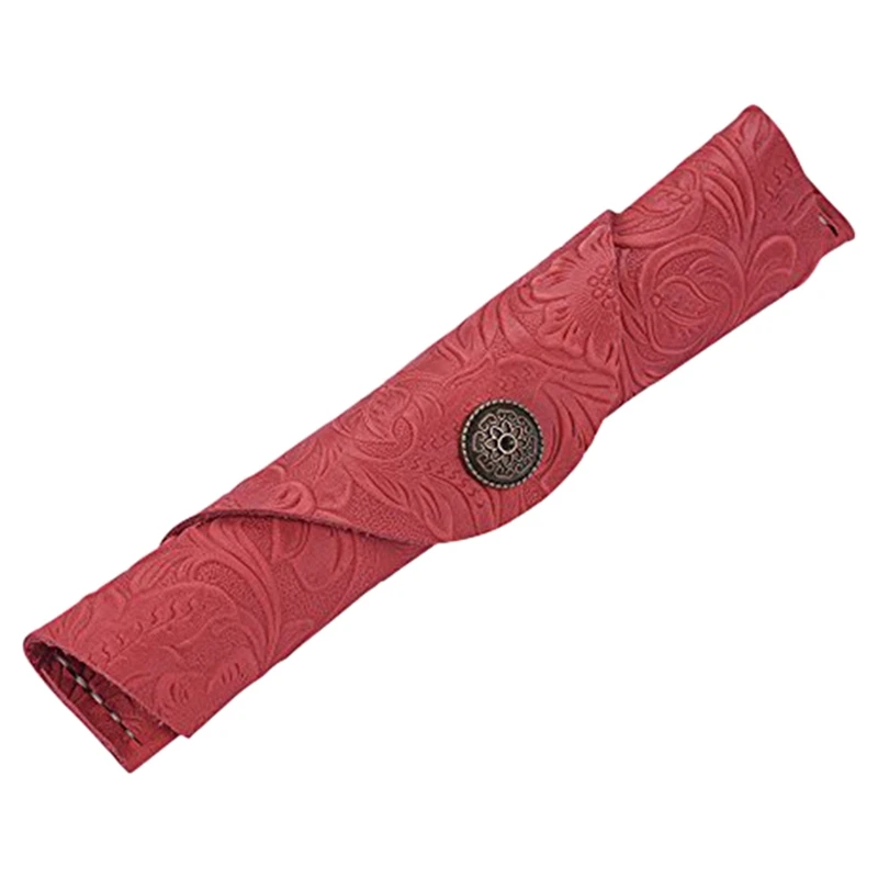 

Handmade Leather Fountain Pen Sleeve Roll Wrap Pen Pouch for Students and Artists(Red Carved)