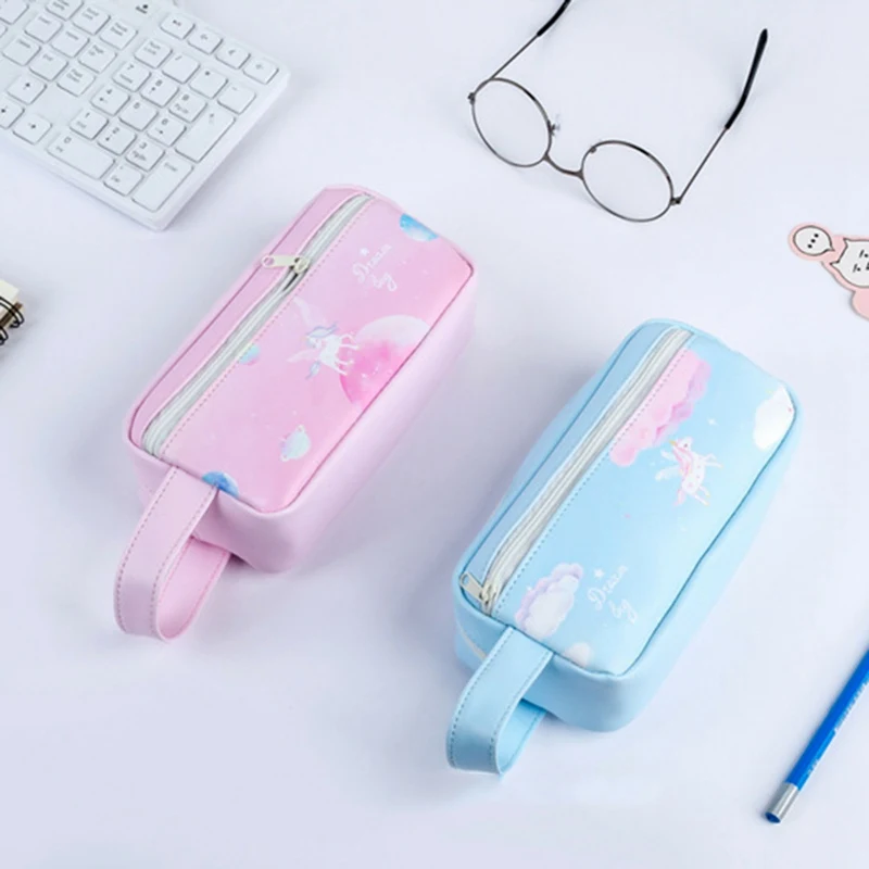 

Pencil Case Cute Unicorn Portable Square Large Capacity Canvas School Pencil Bag Pen Pouch School Supplies Random Color