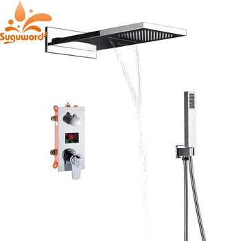 

Chrome Shower Thermostiatic Combo Set Hot and Cold Switch Shower System Mixer Taps Rectangle Shower Head Wall Mounted