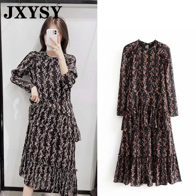 

JXYSY winter dress women england elegant floral print cascading loose party midi dress women vestidos de fiesta de noche vestido