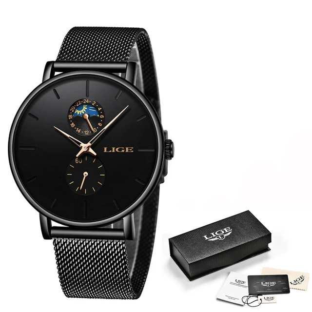 Black Rose Gold Relogio Masculino LIGE модные мужские часы Топ бренд класса люкс кварцевые часы мужские повседневные тонкие сетчатые стальные водонепроницаемые спортивные часы - Цвет: Black Rose Gold