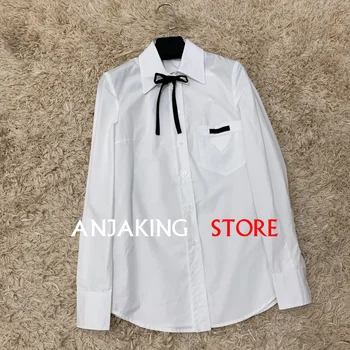 

2020 early spring pure ribbon bow simple wild white shirt Office White Shirt Cotton Casual Top High Quality Women's