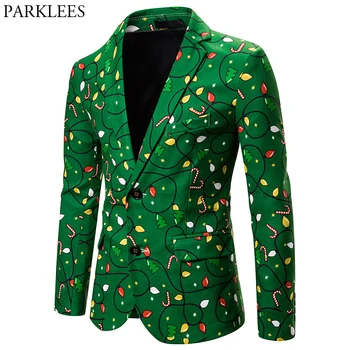 

Merry Christmas Green Blazer Jacket Men 2019 Fashion Candy Cane Print Casual Blazers Mens Stage Party Prom Xmas Blazer Masculino