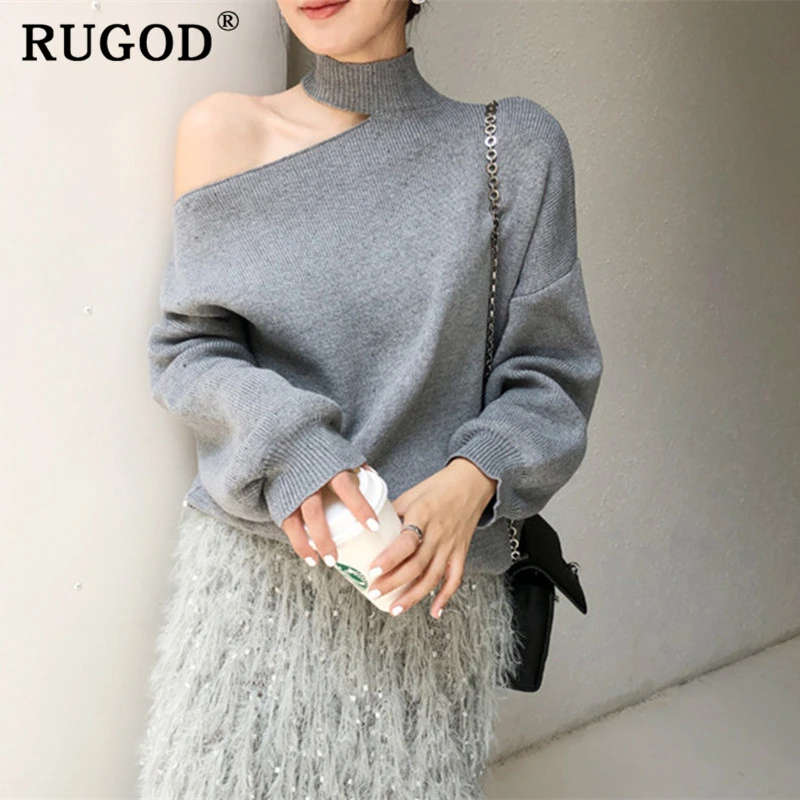 RUGOD, винтажный офисный женский свитер, элегантный, с открытыми плечами, рукав-фонарик, вязаный, женские пуловеры, модная однотонная одежда оверсайз