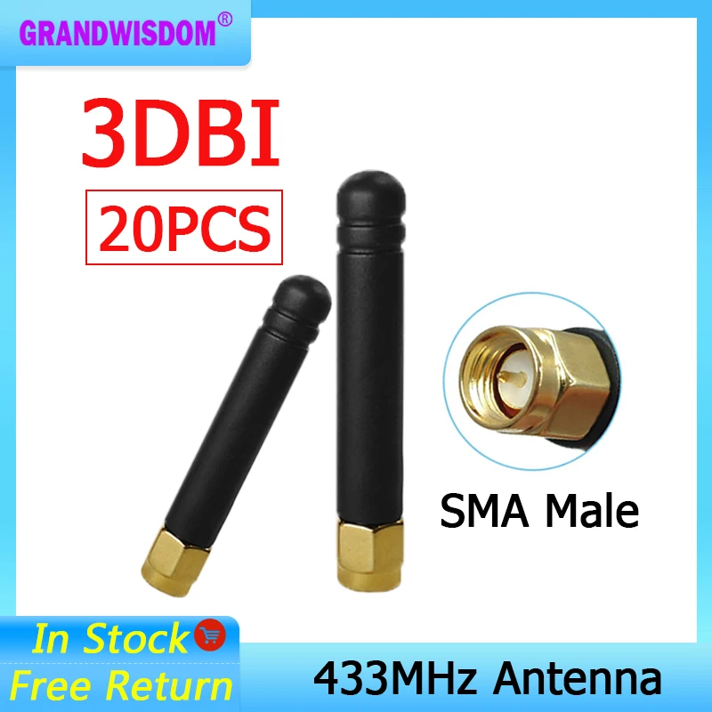 GRANDWISDOM 20pcs 433mhz antenna 3dbi sma male lora antene pbx iot module lorawan signal receiver antena high gain