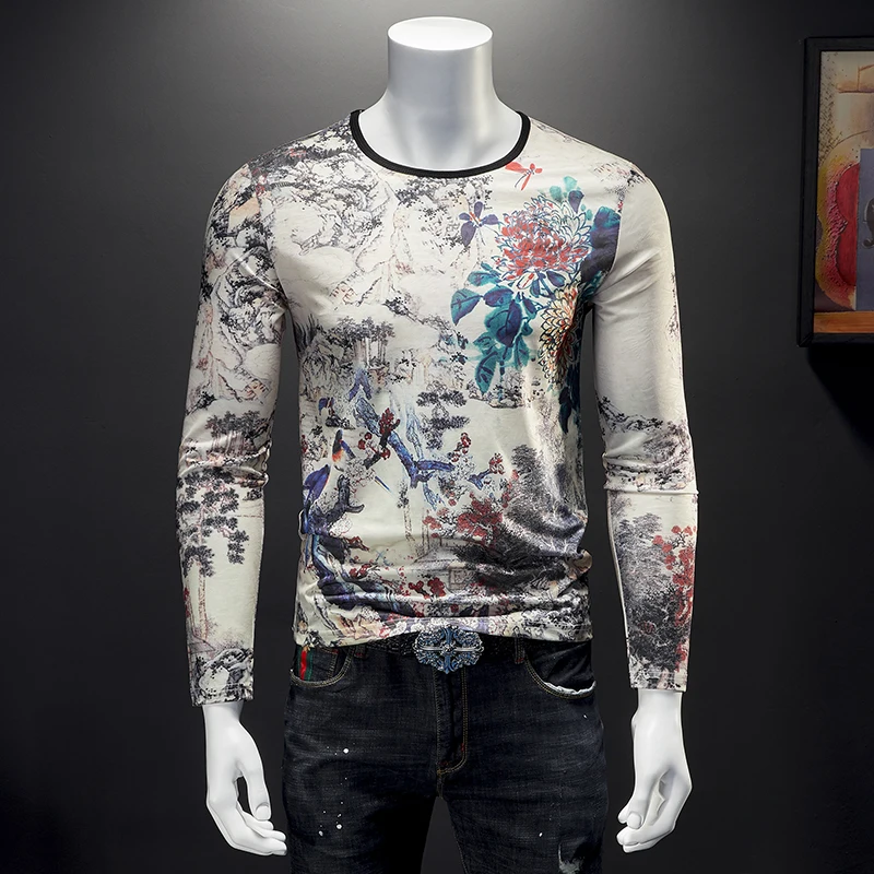 7 xl big yards qiantang 3025 19500 P40 fall 2019 China printed long sleeve men T-shirt male society | Мужская одежда