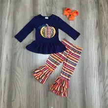 Осень/Зима Хэллоуин благодарения детские штаны в полоску для девочек детская одежда бутик Темно-Синий Леопард Одежда с тыквой комплект с бантом