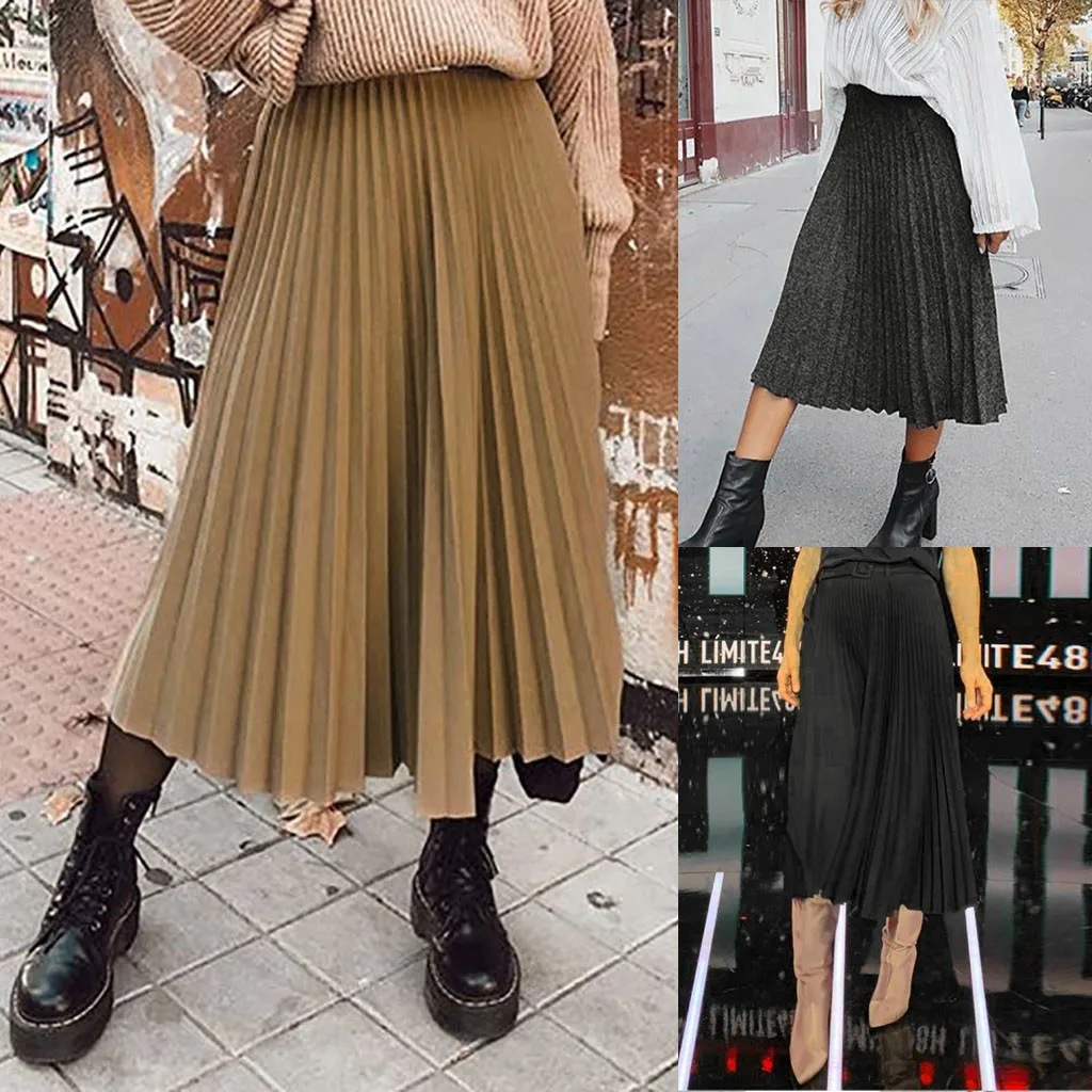 Spring 2020 WomenLoose Solid High Waist A-Line Party Layered Pleated Elascity Casual Party Skirt Summer Fashion Dance Skirt