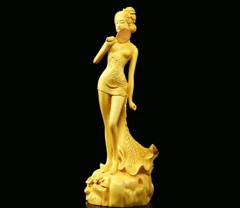 

7.1" Chinese Box-wood Hand-Carved Phoenix Beautiful Woman Beauty Hold Fan Statue